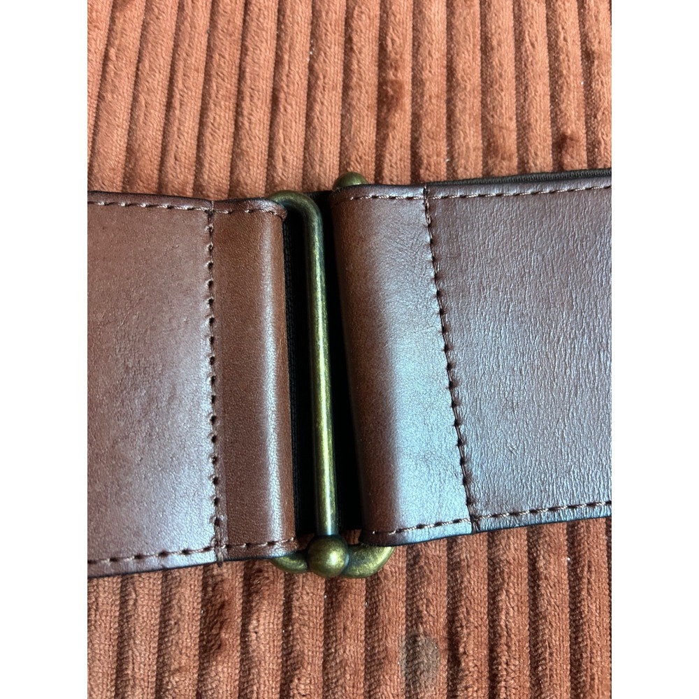 Vintage Style Brown Wide Elastic Cinch Belt Faux Leather Hook Closure Ribbed